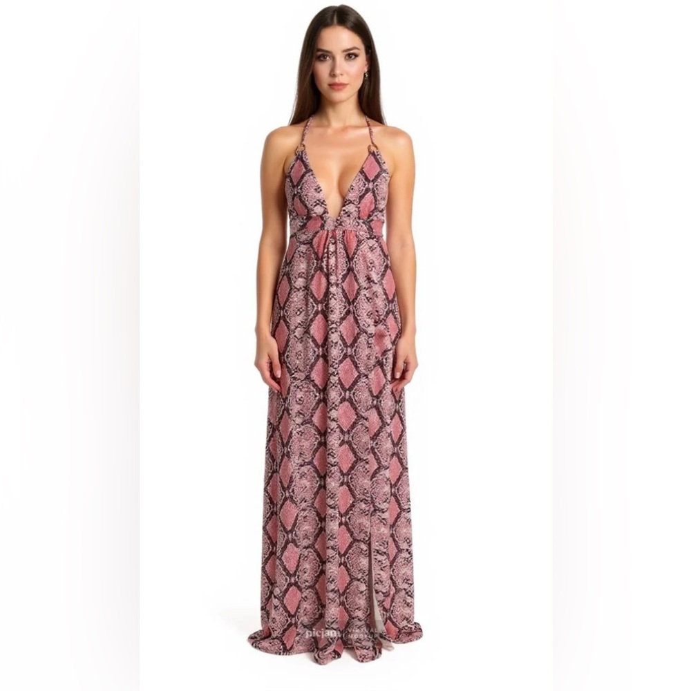 Man Eater Maxi Dress Pink Snake Print Halter Cover Up Lady Lux High Slit, Large